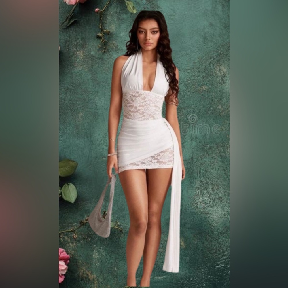 White Lace Halter Mini Dress with Draped Sash